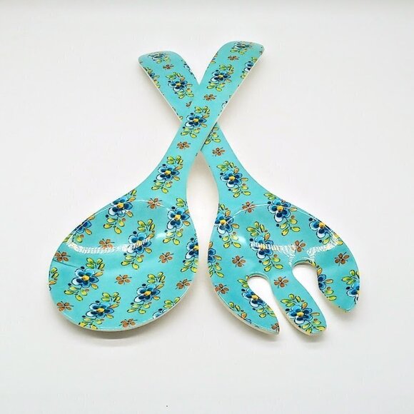Le Cadeaux Madrid Turquoise Melamine Salad Serving Fork & Spoon - Picture 1 of 5